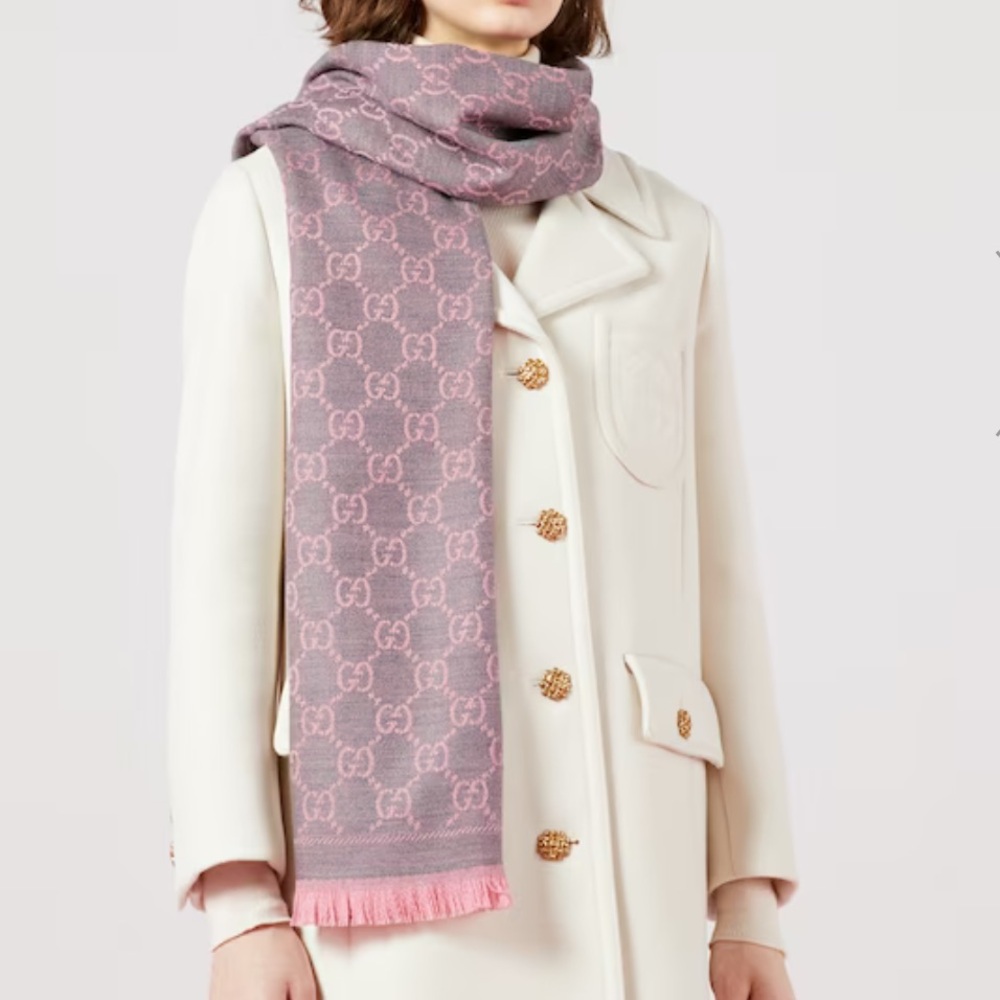 Gucci Pink/Grey GG Gucci Logo Wool Scarf